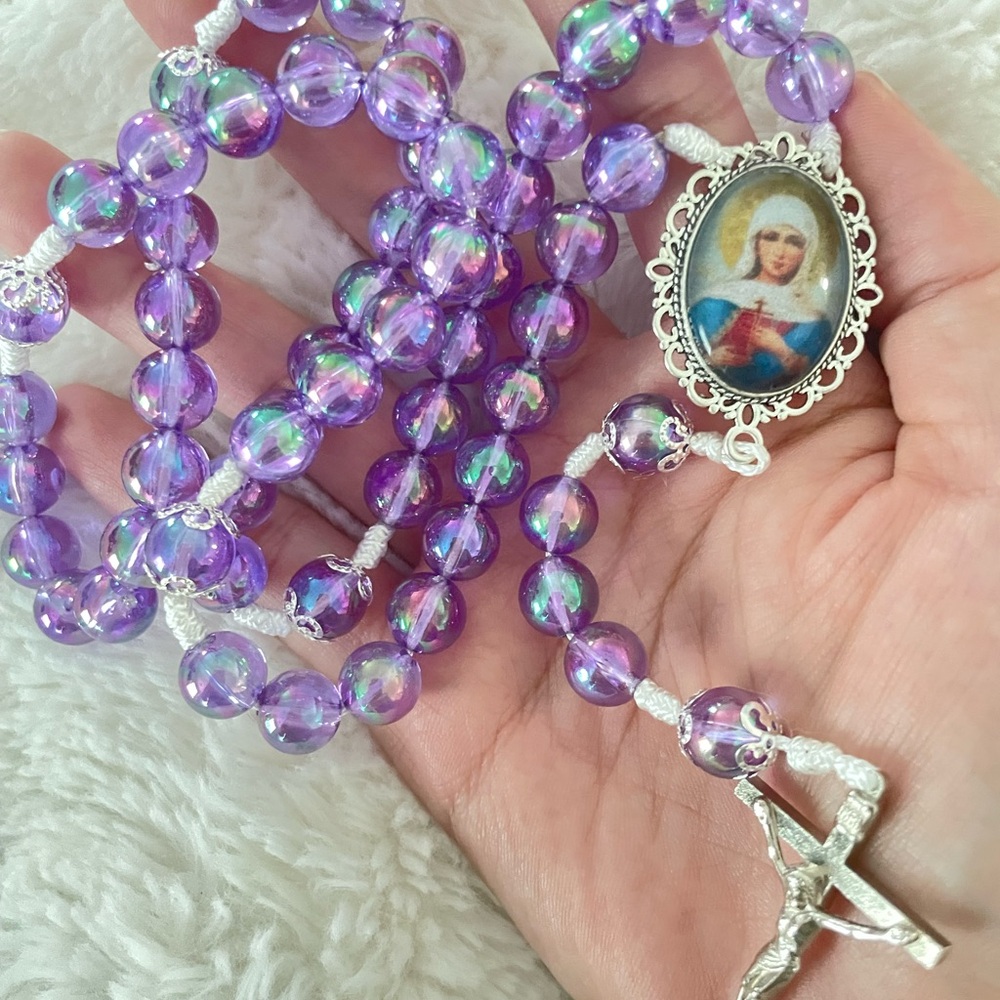 Vibrant Purple Beaded rosary of st natalia of nicomedia with Silver floweAccents